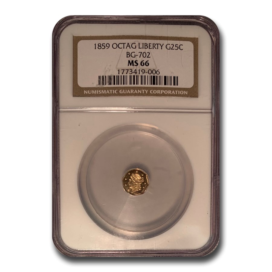 1859 Liberty Octagonal 25 Cent Gold MS-66 NGC (BG-702)