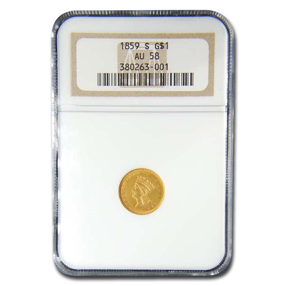 1859-S $1 Indian Head Gold AU-58 NGC 1859-S $1 Indian Head Gold AU-58 NGC