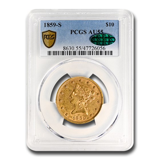 1859-S $10 Liberty Gold Eagle AU-55 PCGS CAC 1859-S $10 Liberty Gold Eagle AU-55 PCGS CAC