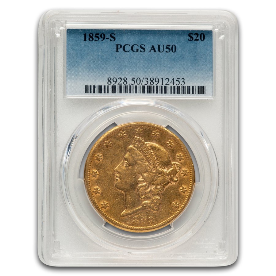 1859-S $20 Liberty Gold Double Eagle AU-50 PCGS