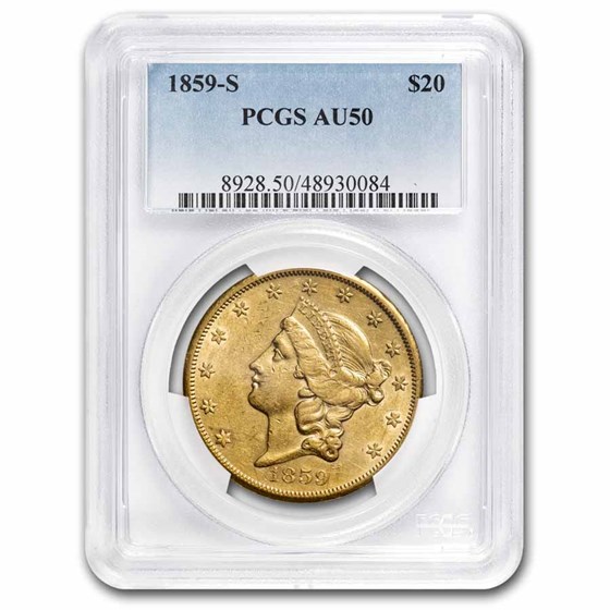 1859-S $20 Liberty Gold Double Eagle AU-50 PCGS