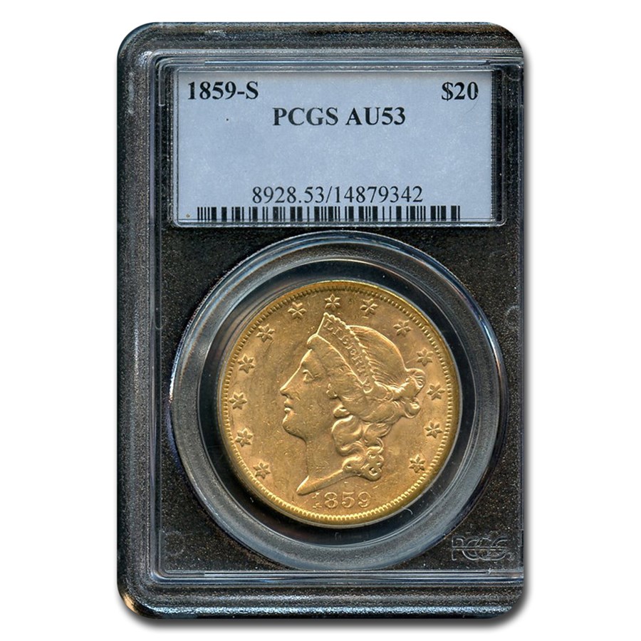1859-S $20 Liberty Gold Double Eagle AU-53 PCGS