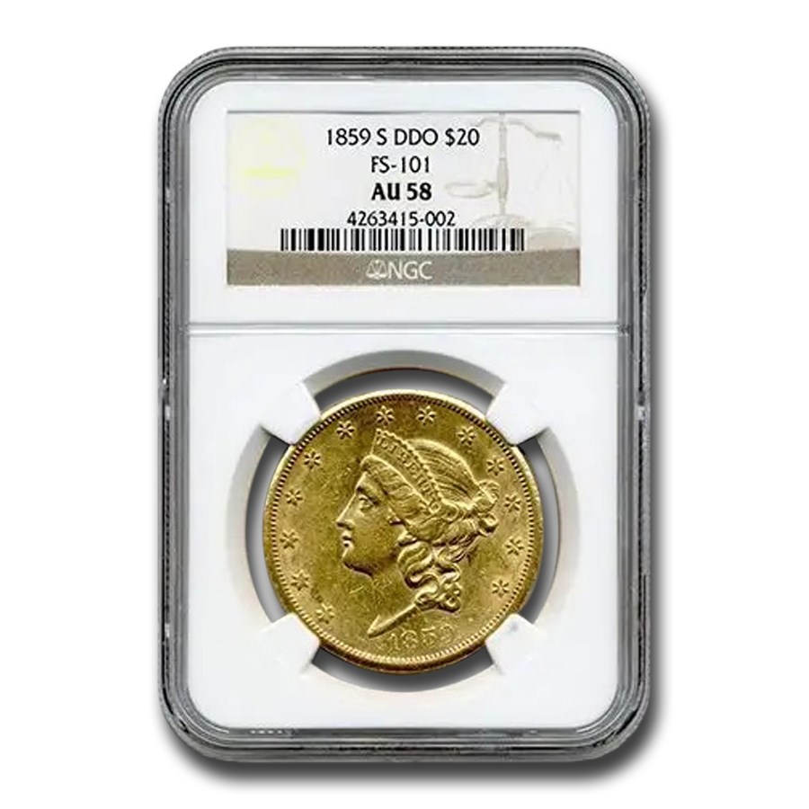 1859-S $20 Liberty Gold Double Eagle AU-58 NGC (DDO, FS-101)