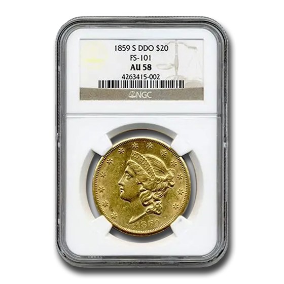 1859-S $20 Liberty Gold Double Eagle AU-58 NGC (DDO, FS-101)