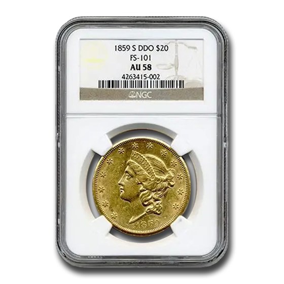 1859-S $20 Liberty Gold Double Eagle AU-58 NGC (DDO, FS-101) 1859-S $20 Liberty Gold Double Eagle AU-58 NGC (DDO, FS-101)