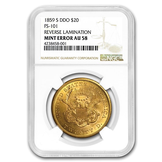 1859-S $20 Liberty Gold Double Eagle AU-58 NGC (Rev Lamination) 1859-S $20 Liberty Gold Double Eagle AU-58 NGC (Rev Lamination)