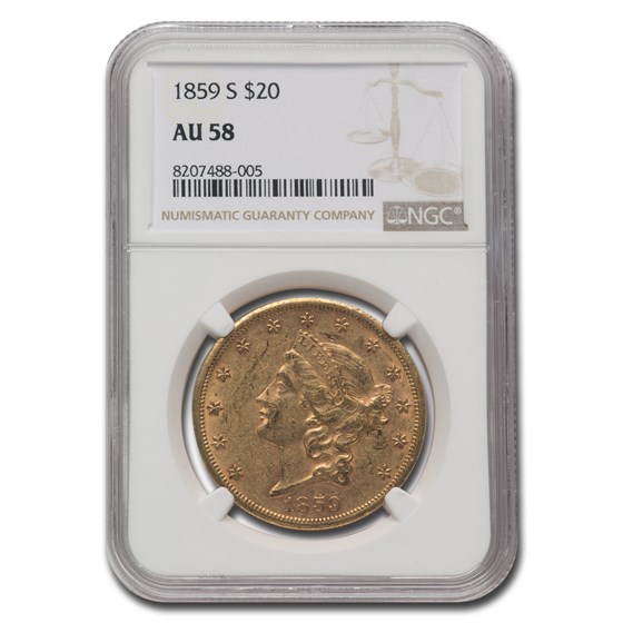 1859-S $20 Liberty Gold Double Eagle AU-58 NGC 1859-S $20 Liberty Gold Double Eagle AU-58 NGC
