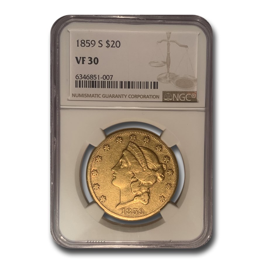 1859-S $20 Liberty Gold Double Eagle VF-30 NGC