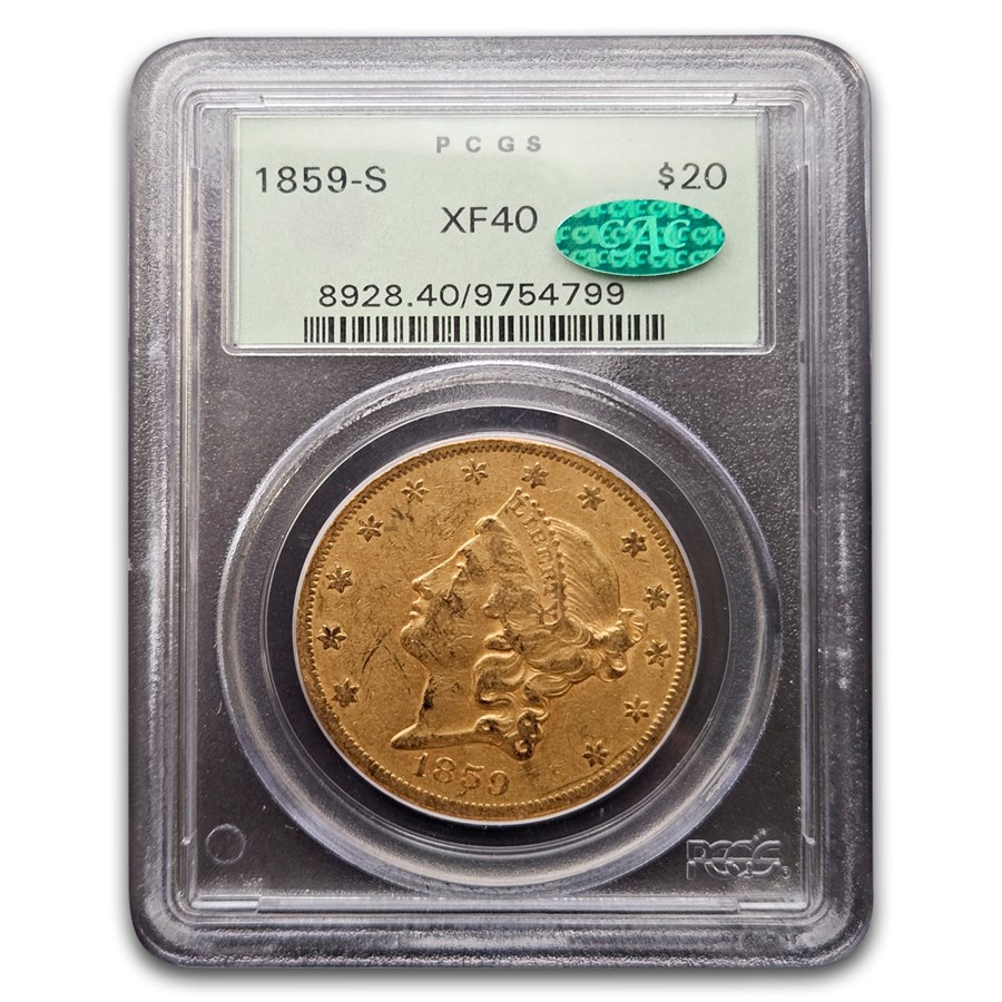 1859-S $20 Liberty Gold Double Eagle XF-40 PCGS CAC