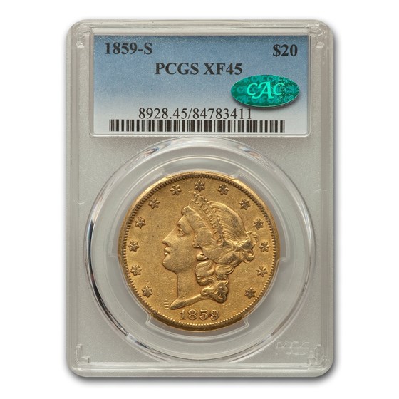 1859-S $20 Liberty Gold Double Eagle XF-45 PCGS CAC 1859-S $20 Liberty Gold Double Eagle XF-45 PCGS CAC