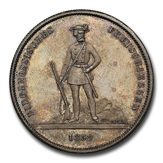 1859 Switzerland Silver 5 Francs Shooting Thaler MS-65 NGC 1859 Switzerland Silver 5 Francs Shooting Thaler MS-65 NGC