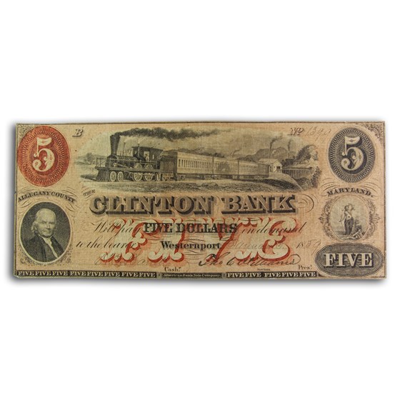 1859 The Clinton Bank of Westernport, MD $5.00 MD-305 Ch AU 1859 The Clinton Bank of Westernport, MD $5.00 MD-305 Ch AU