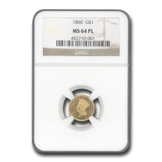 1860 $1 Indian Head Gold MS-64 NGC (PL) 1860 $1 Indian Head Gold MS-64 NGC (PL)