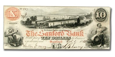 1860 $10.00 The Sanford Bank of Sanford, ME ME535 XF (Red) 1860 $10.00 The Sanford Bank of Sanford, ME ME535 XF (Red)