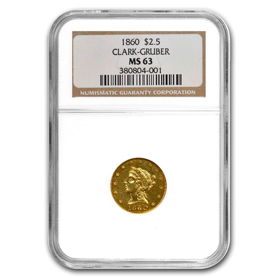 1860 $2.50 Clark Gruber & Co Gold Quarter Eagle MS-63 NGC 1860 $2.50 Clark Gruber & Co Gold Quarter Eagle MS-63 NGC