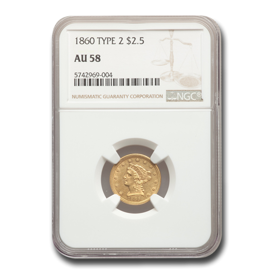 1860 $2.50 Liberty Gold Quarter Eagle Type-II AU-58 NGC 1860 $2.50 Liberty Gold Quarter Eagle Type-II AU-58 NGC