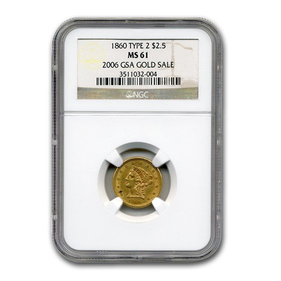 1860 $2.50 Liberty Gold Quarter Eagle Type-II MS-61 NGC (GSA) 1860 $2.50 Liberty Gold Quarter Eagle Type-II MS-61 NGC (GSA)