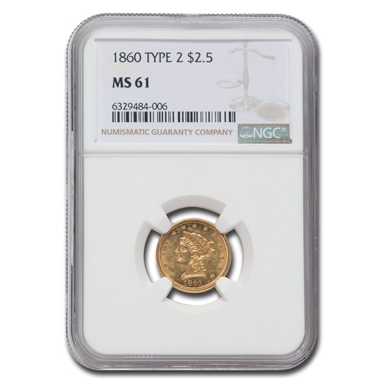 1860 $2.50 Liberty Gold Quarter Eagle Type-II MS-61 NGC 1860 $2.50 Liberty Gold Quarter Eagle Type-II MS-61 NGC