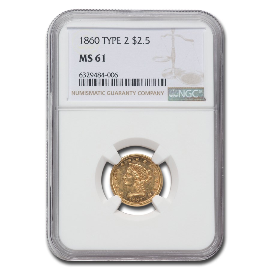 1860 $2.50 Liberty Gold Quarter Eagle Type-II MS-61 NGC
