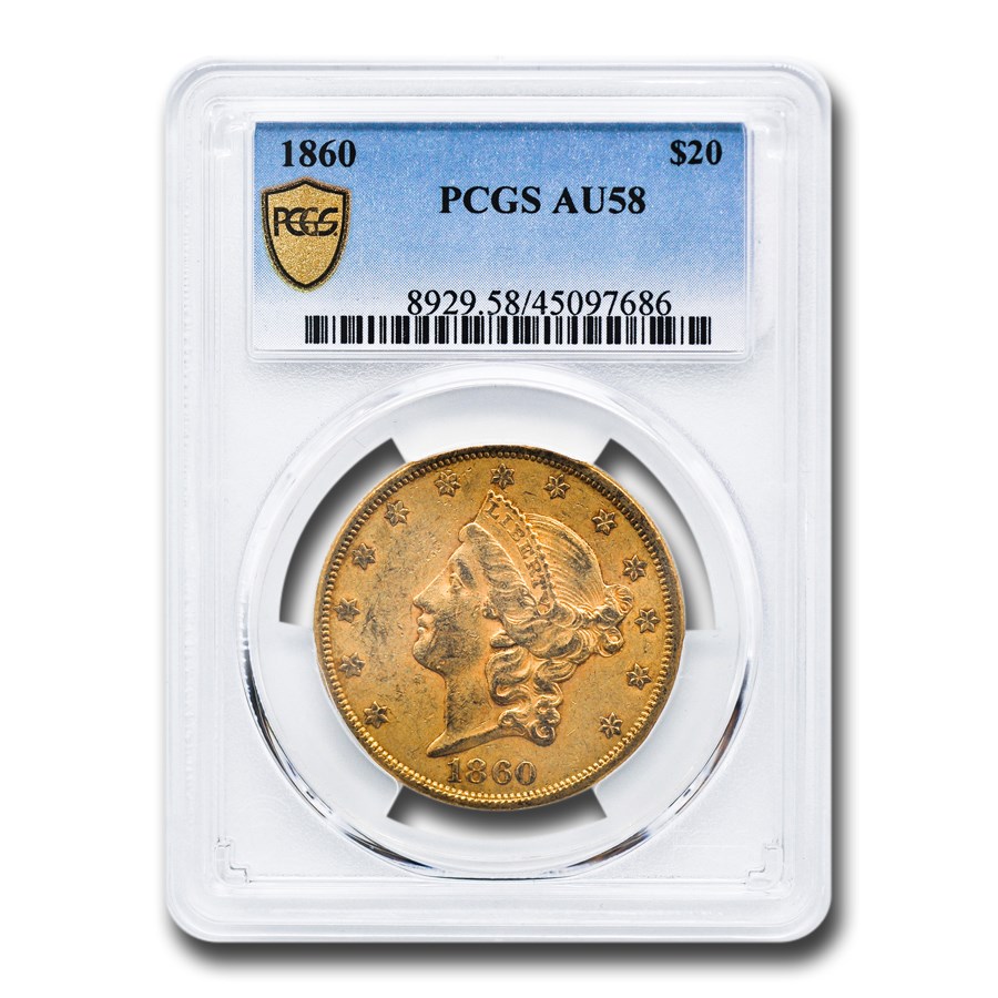 1860 $20 Liberty Gold Double Eagle AU-58 PCGS
