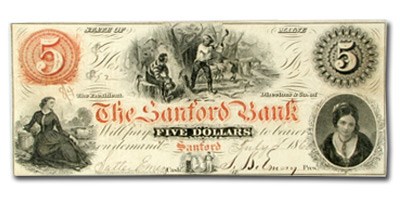 1860 $5.00 The Sanford Bank of Sanford, ME ME535 XF 1860 $5.00 The Sanford Bank of Sanford, ME ME535 XF