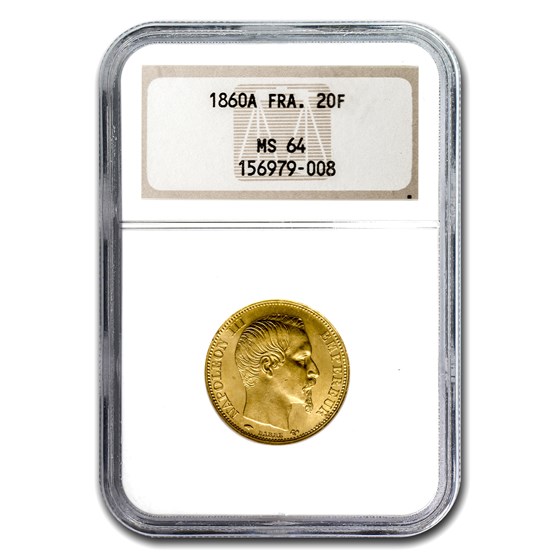 1860-A France Gold 20 Francs Napoleon III MS-64 NGC 1860-A France Gold 20 Francs Napoleon III MS-64 NGC