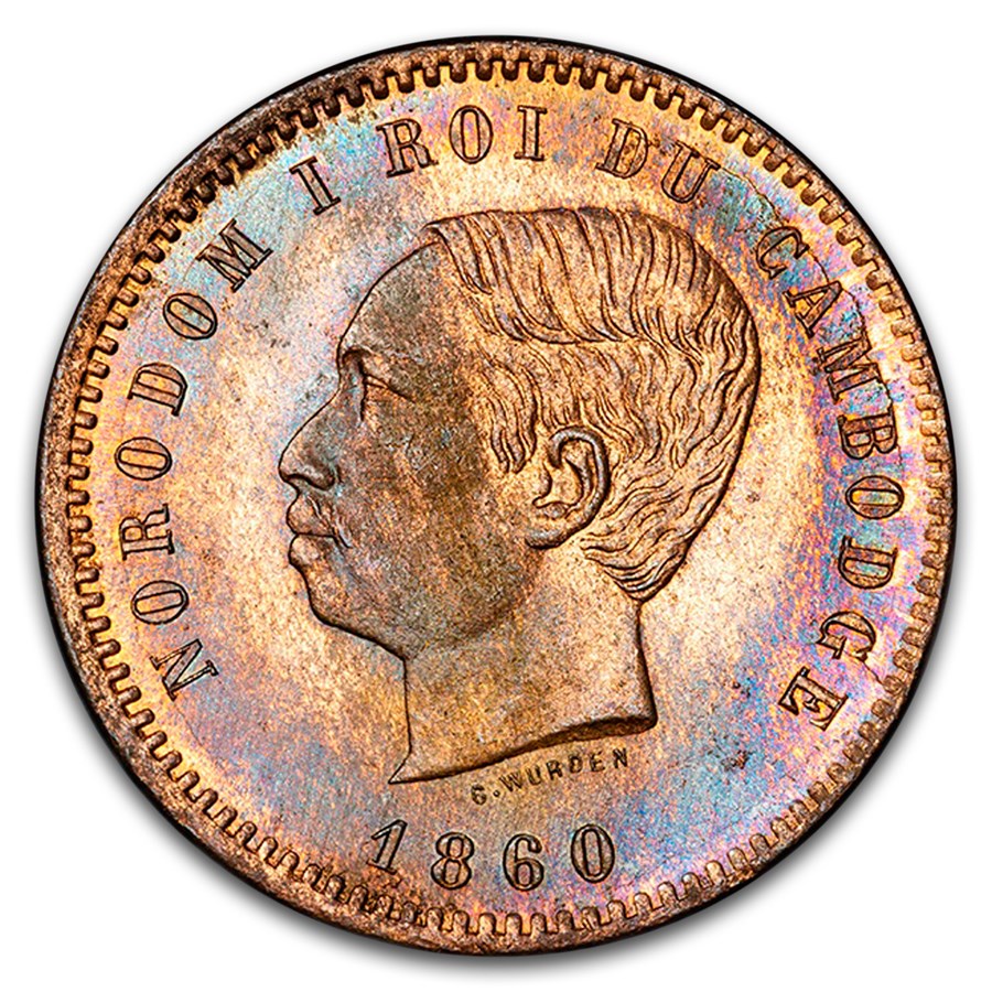 1860 Cambodia 10 Centimes Norodom I PR-65 PCGS (Red/Brown)