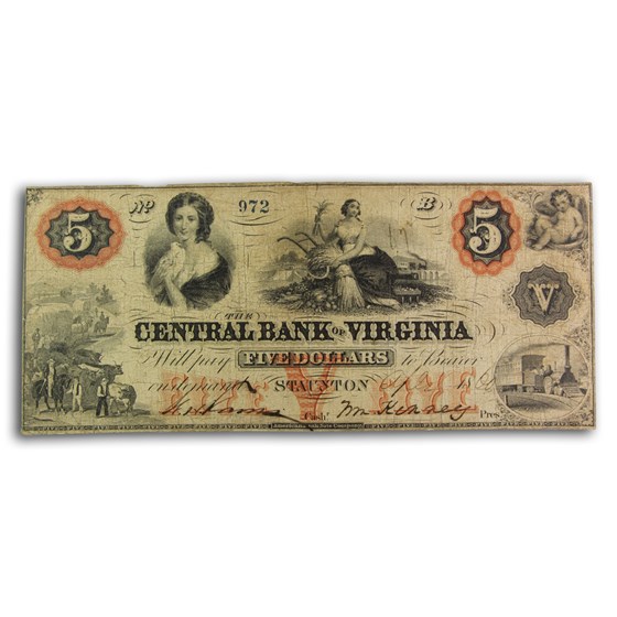 1860 Central Bank of Staunton, VA $5.00 VA-220 VF 1860 Central Bank of Staunton, VA $5.00 VA-220 VF