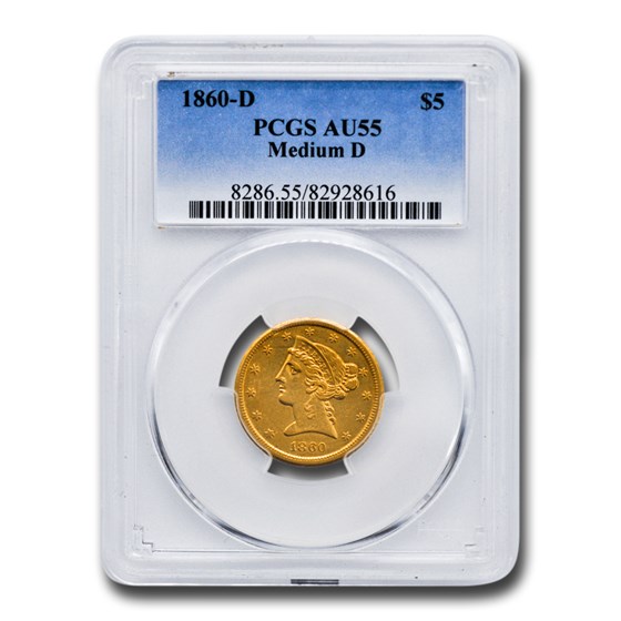 1860-D $5 Liberty Gold Half Eagle AU-55 PCGS (Medium D) 1860-D $5 Liberty Gold Half Eagle AU-55 PCGS (Medium D)