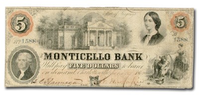 1860 Monticello Bank, Charlottesville, VA $5.00 VA-45 Fine 1860 Monticello Bank, Charlottesville, VA $5.00 VA-45 Fine