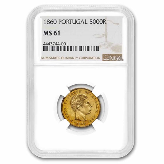 1860 Portugal Gold 5000 Reis King Pedro V MS-61 NGC 1860 Portugal Gold 5000 Reis King Pedro V MS-61 NGC