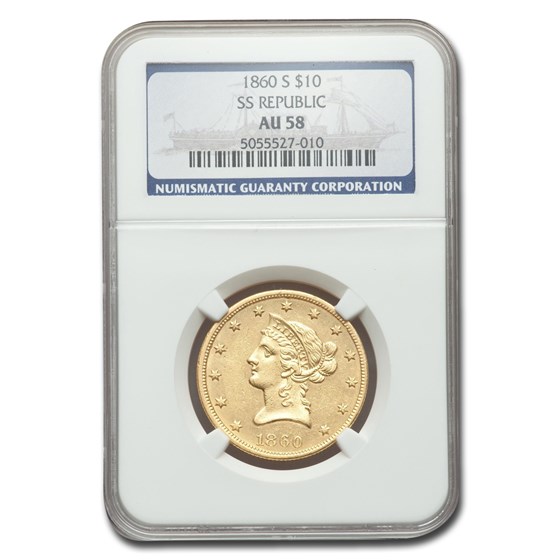 1860-S $10 Liberty Gold Eagle AU-58 NGC (SS Repblic) 1860-S $10 Liberty Gold Eagle AU-58 NGC (SS Repblic)