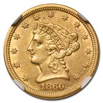 1860-S $2.50 Liberty Gold Quarter Eagle AU-58 NGC