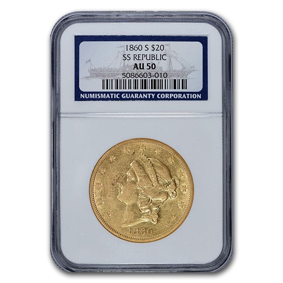 1860-S $20 Liberty Gold Double Eagle AU-50 NGC (SS Republic) 1860-S $20 Liberty Gold Double Eagle AU-50 NGC (SS Republic)