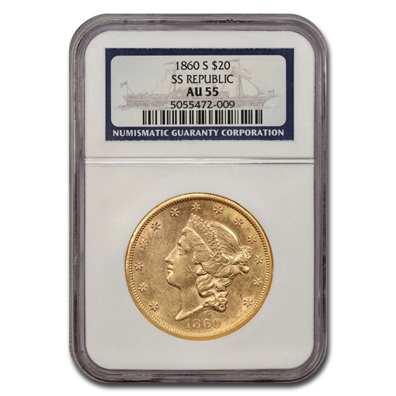 1860-S $20 Liberty Gold Double Eagle AU-55 NGC (SS Republic) 1860-S $20 Liberty Gold Double Eagle AU-55 NGC (SS Republic)