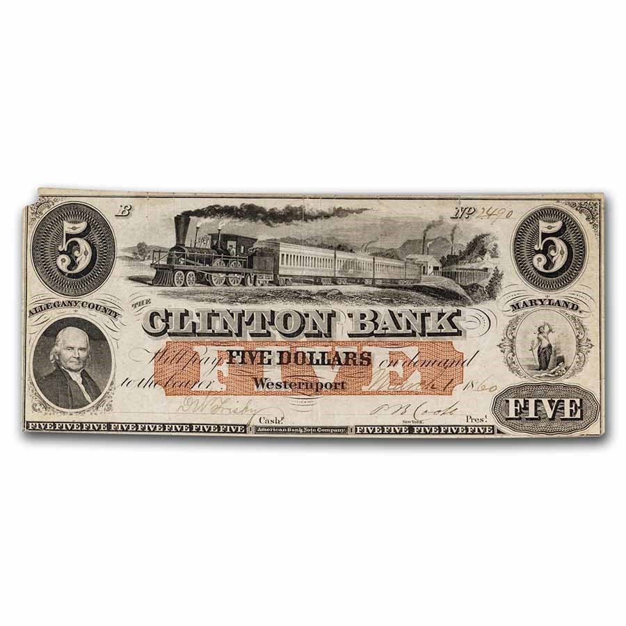 Buy 1860 The Clinton Bank of Westernport, MD 5.00 MD305 XF APMEX