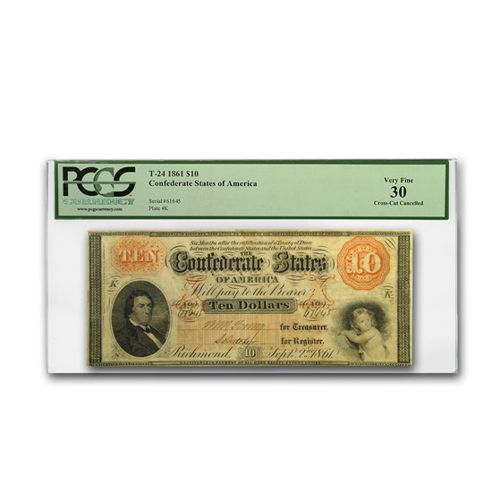 1861 $10.00 (T-24) R. M. T. Hunter VF-30 PCGS (Cancelled) 1861 $10.00 (T-24) R. M. T. Hunter VF-30 PCGS (Cancelled)