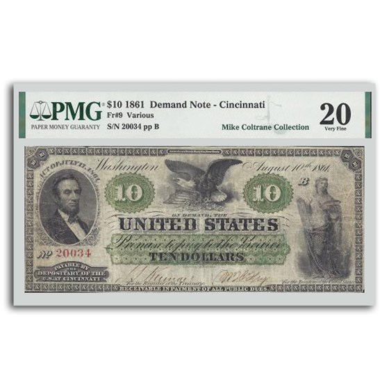 1861 $10 Demand Note Cincinnati VF-20 PMG (Fr#9) Details 1861 $10 Demand Note Cincinnati VF-20 PMG (Fr#9) Details