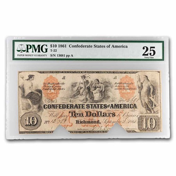 1861 $10 (T-22) Indians VF-25 PMG (Cancelled) 1861 $10 (T-22) Indians VF-25 PMG (Cancelled)