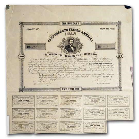 1861 $100 CSA Bond 8%/ 10 yr Judah Benjamin/Tyler (CR-31) VF 1861 $100 CSA Bond 8%/ 10 yr Judah Benjamin/Tyler (CR-31) VF