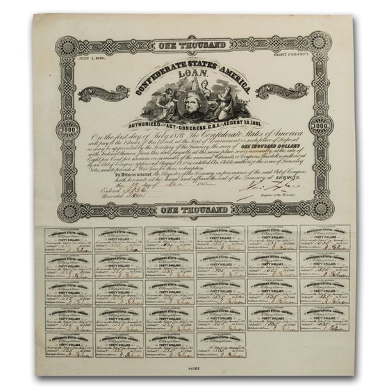 1861 $1000 CSA Bond 8% / 15 yr Winder/Tyler (CR-94) (All CUP) AU 1861 $1000 CSA Bond 8% / 15 yr Winder/Tyler (CR-94) (All CUP) AU
