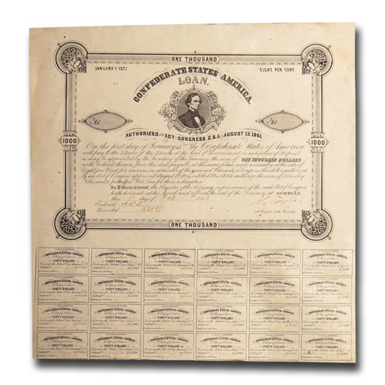 1861 $1000 CSA Bond 8% / 15yr Jefferson Davis/Tyler(CR-95A) XF 1861 $1000 CSA Bond 8% / 15yr Jefferson Davis/Tyler(CR-95A) XF