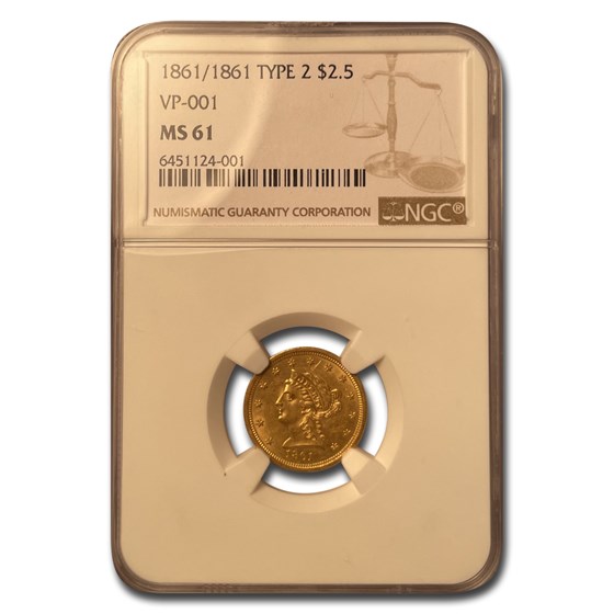 1861/1861 $2.50 Liberty Gold Quarter Eagle Type 2 MS-61 NGC 1861/1861 $2.50 Liberty Gold Quarter Eagle Type 2 MS-61 NGC
