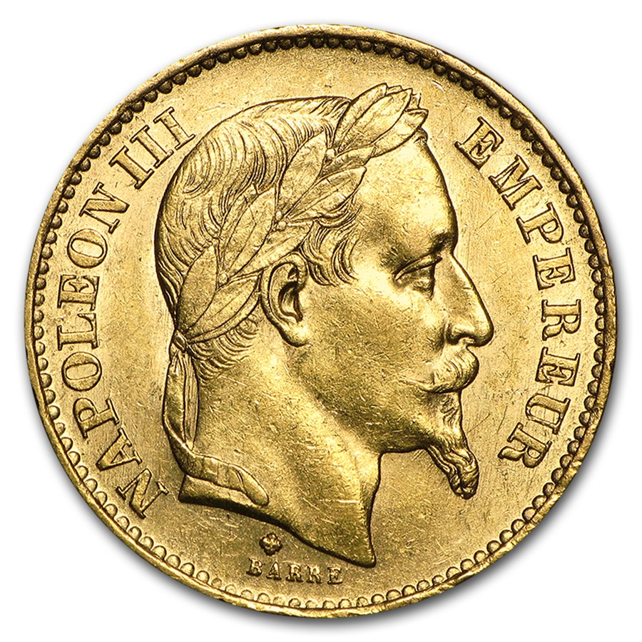 1861-1870 France Gold 20 Francs Napoleon III Laureate AU