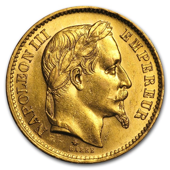 1861-1870 France Gold 20 Francs Napoleon III Laureate BU