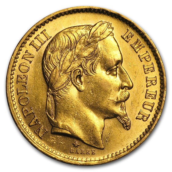 1861-1870 France Gold 20 Francs Napoleon III Laureate (BU)