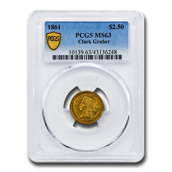 1861 $2.50 Clark Gruber & Co Gold Quarter Eagle MS-63 PCGS 1861 $2.50 Clark Gruber & Co Gold Quarter Eagle MS-63 PCGS