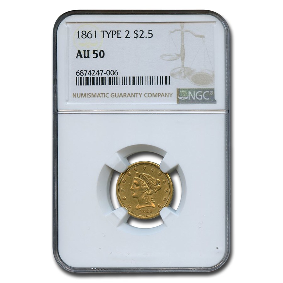1861 $2.50 Liberty Gold Quarter Eagle Type 2 AU-50 NGC