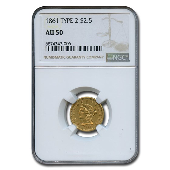 1861 $2.50 Liberty Gold Quarter Eagle Type 2 AU-50 NGC 1861 $2.50 Liberty Gold Quarter Eagle Type 2 AU-50 NGC