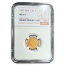 1861 $2.50 Liberty Gold Quarter Eagle Type 2 MS-61 NGC